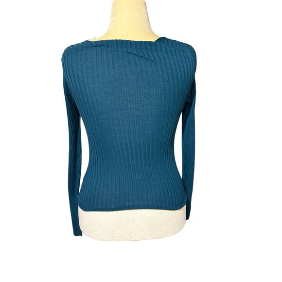 NWT Vince Teal Ribbed Wool Scoop Neck Long Sleeve Top - Medium - Picture 2 of 7